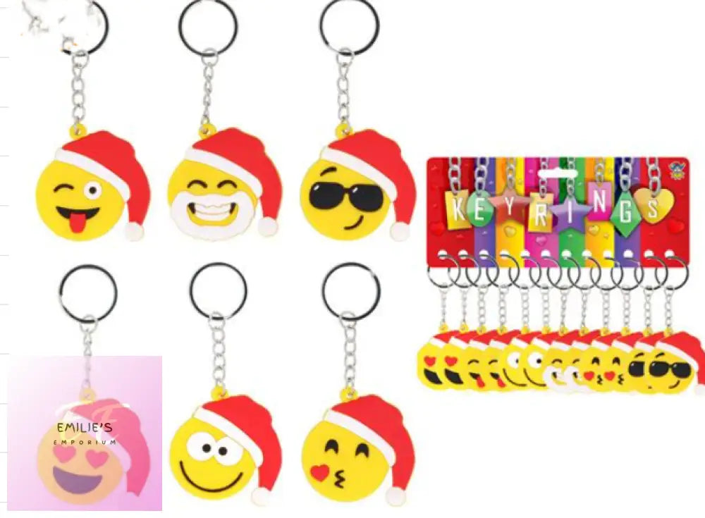 12X Christmas Smiley Face Keychains In Assorted Festive Designs