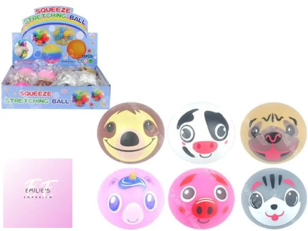 12X Squeeze Animal Face Balls 6Cm With Display Unit