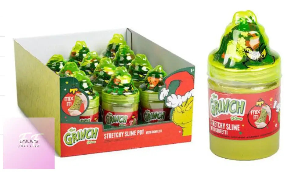 12X The Grinch Stretchy Slime Pots With Confetti In Counter Display