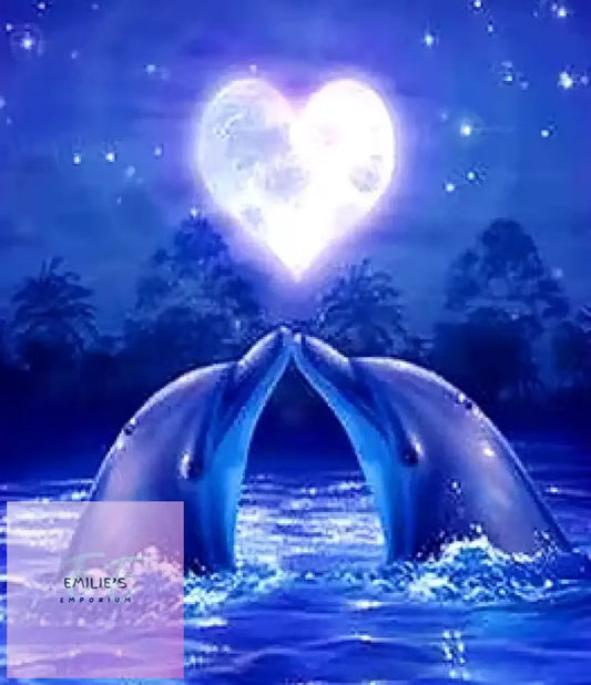 2 Dolphins Kissing With Heart Shape Moon Diamond Art 30X40Cm
