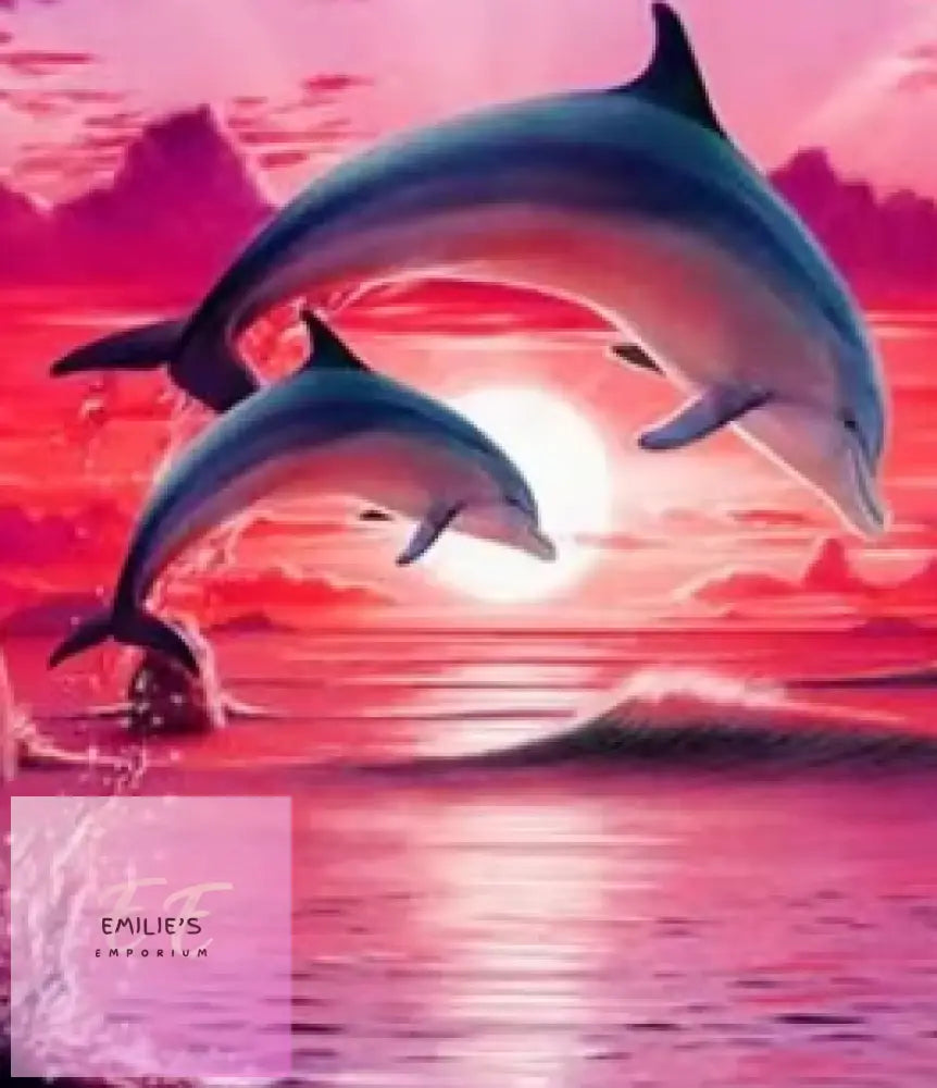 2 Dolphins Leaping In Red Sunset Diamond Art 30X40Cm