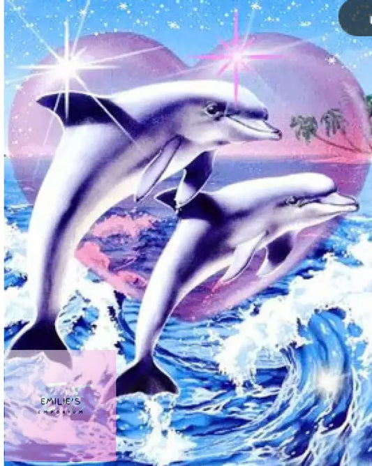2 Dolphins Leaping Through Heart Diamond Art 30X40Cm