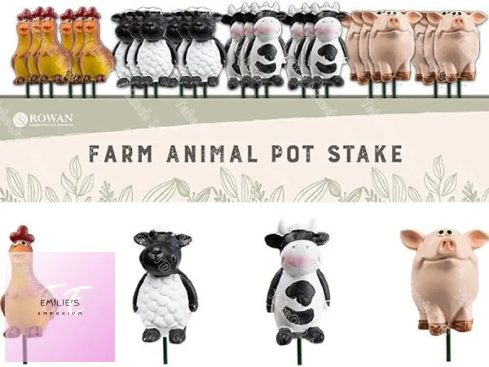 24X Rowan Assorted Farm Animal Pot Stake In Counter Display