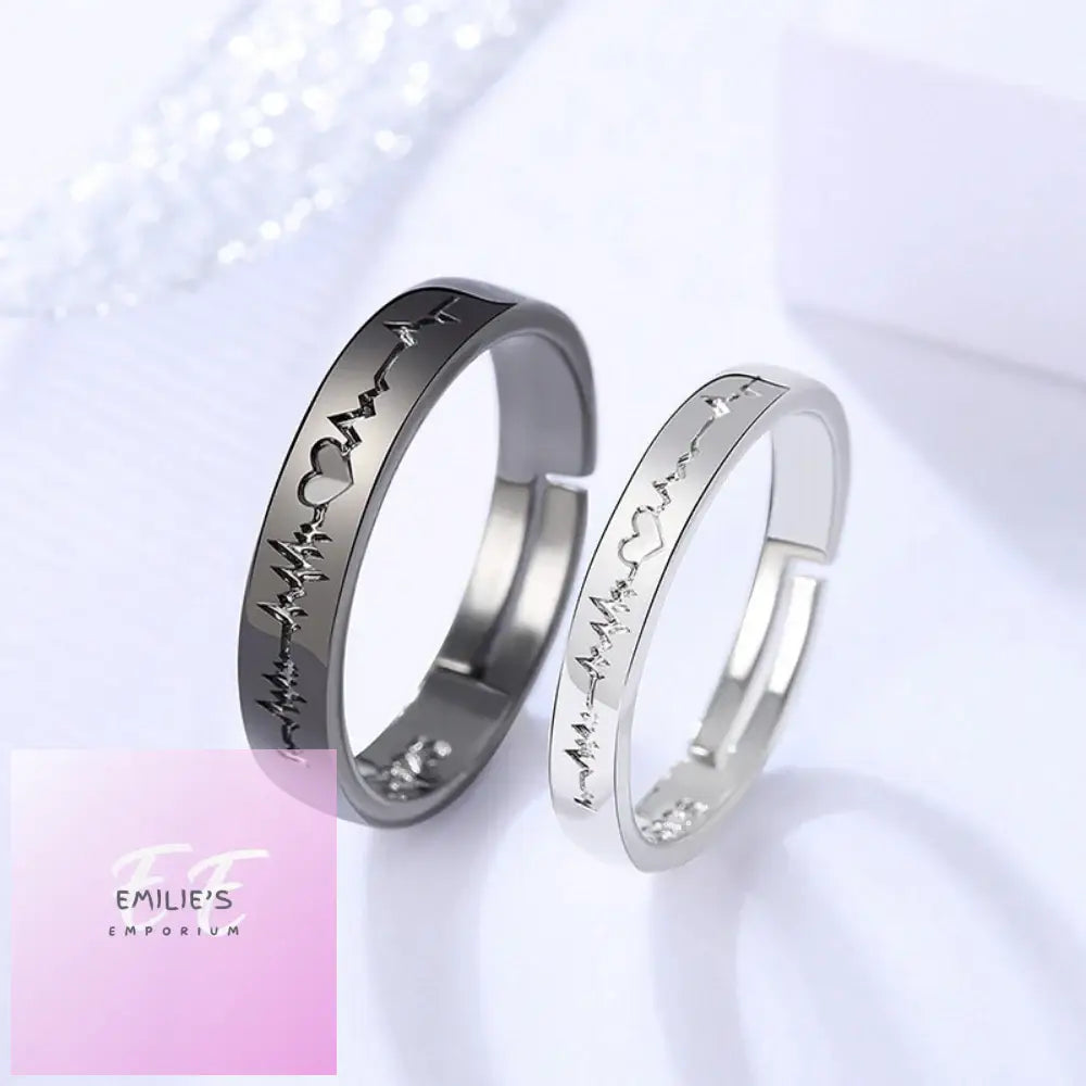 2Pcs Black/White Love Promise Rings -Heart Beat