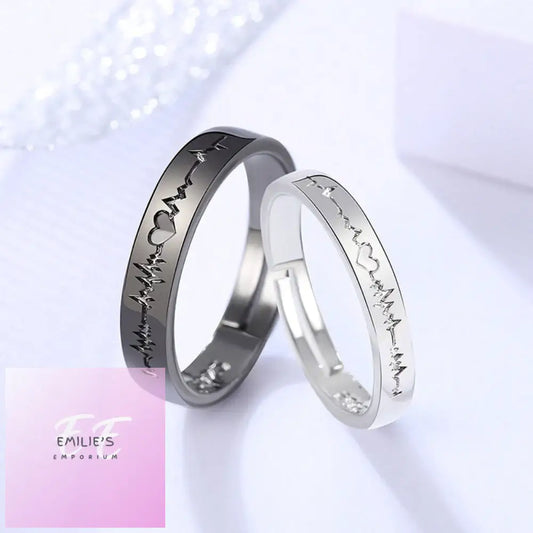 2Pcs Black/White Love Promise Rings -Heart Beat