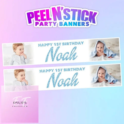 2X Personalised Photo Birthday Banners - Choice Of Design Blue Glitter