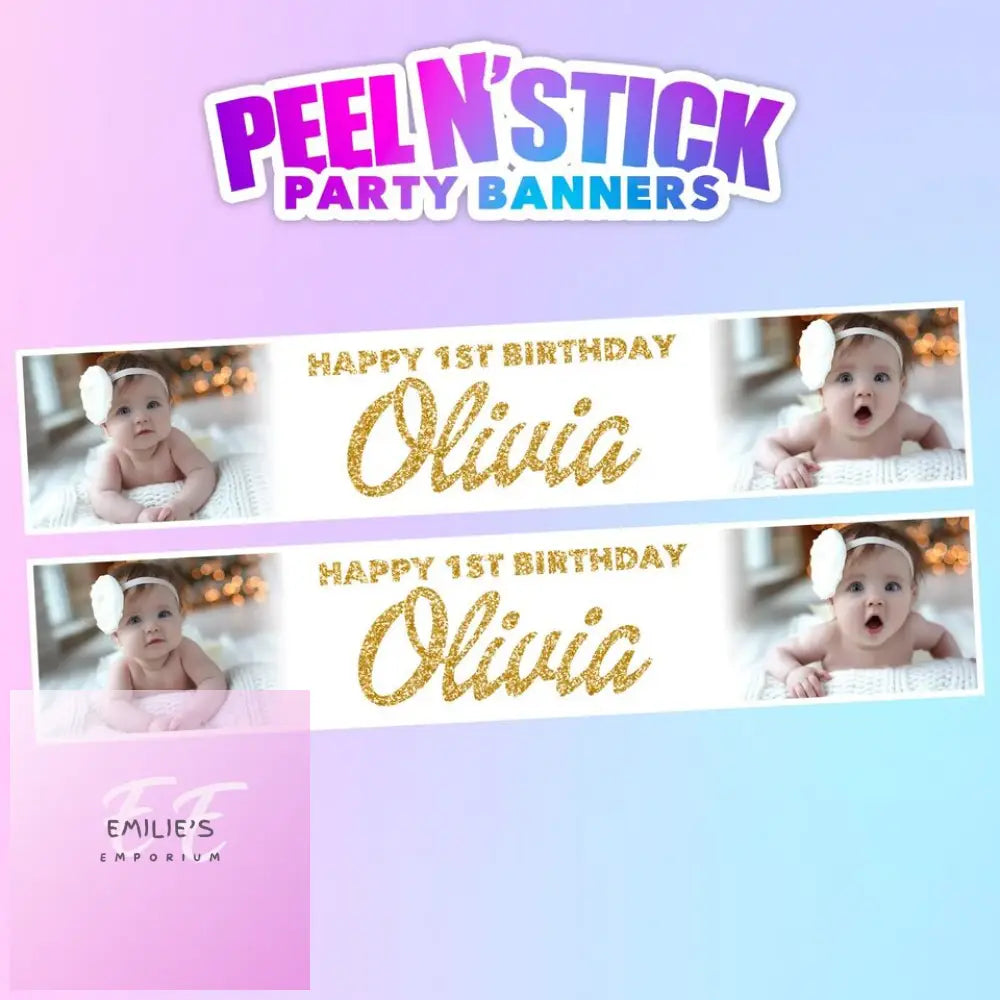 2X Personalised Photo Birthday Banners - Choice Of Design Gold Glitter