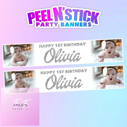 2X Personalised Photo Birthday Banners - Choice Of Design Silver Glitter