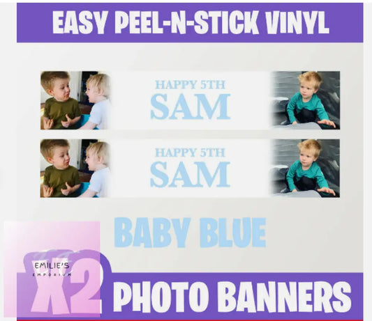 2X Personalised Photo Party Self Adhesive Banners Birthday Christening-Any Event Baby Blue