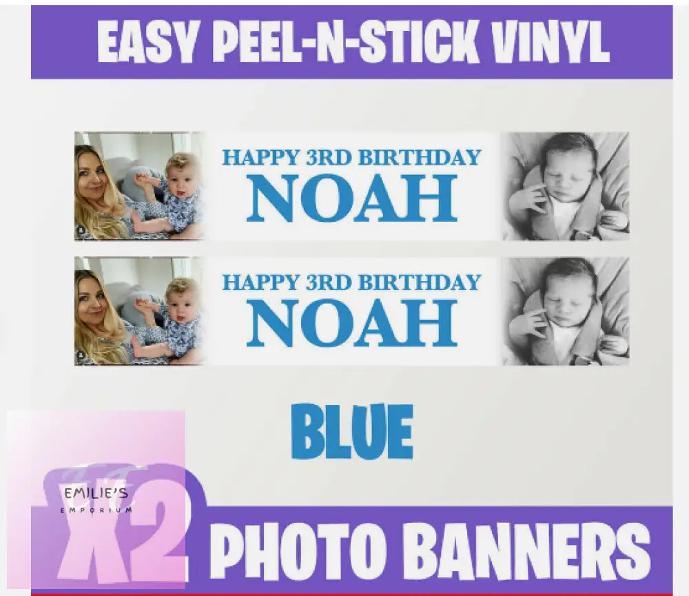 2X Personalised Photo Party Self Adhesive Banners Birthday Christening-Any Event Blue