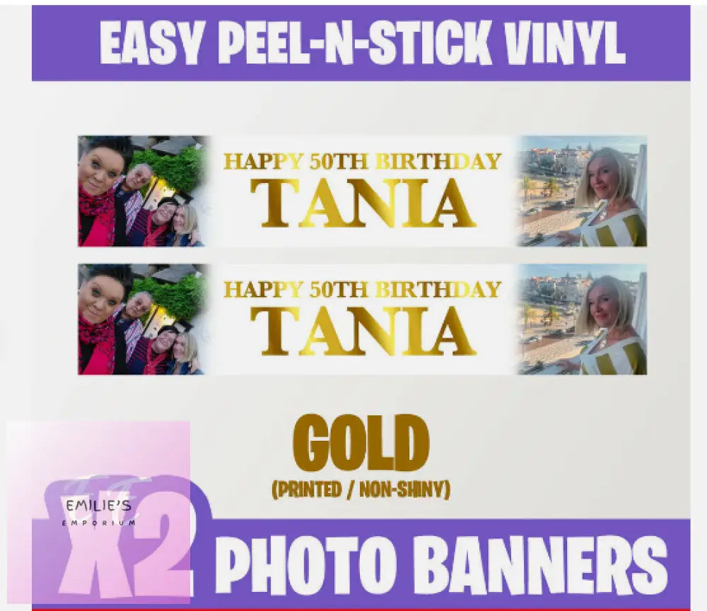 2X Personalised Photo Party Self Adhesive Banners Birthday Christening-Any Event Gold