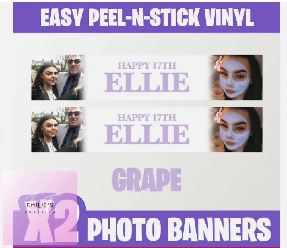 2X Personalised Photo Party Self Adhesive Banners Birthday Christening-Any Event Grape