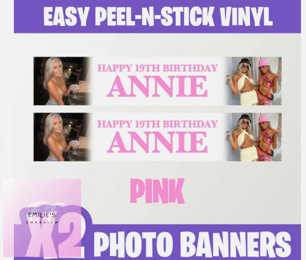 2X Personalised Photo Party Self Adhesive Banners Birthday Christening-Any Event Pink