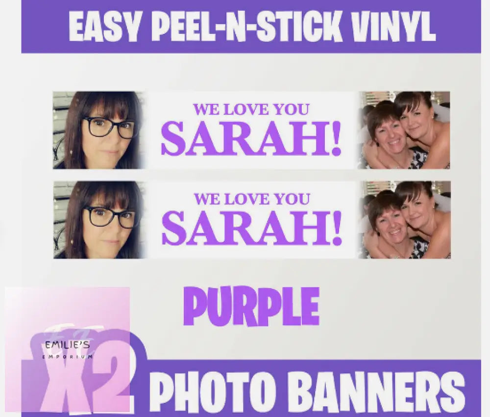 2X Personalised Photo Party Self Adhesive Banners Birthday Christening-Any Event Purple