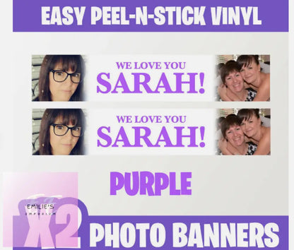 2X Personalised Photo Party Self Adhesive Banners Birthday Christening-Any Event Purple