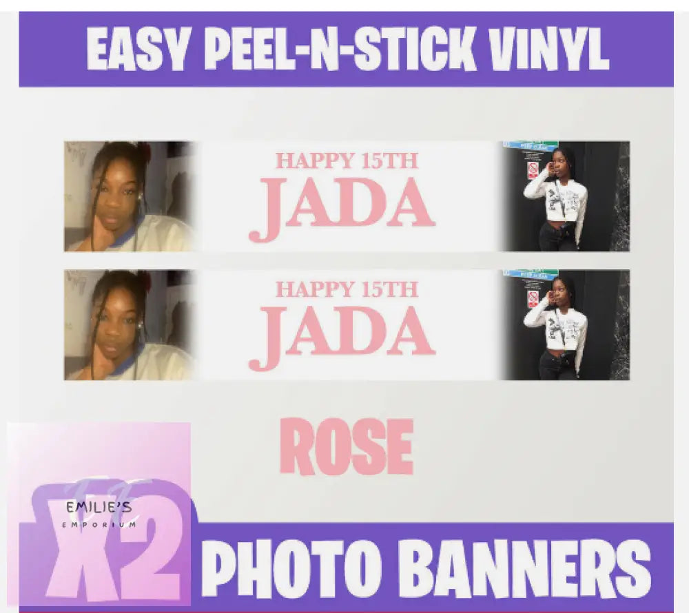 2X Personalised Photo Party Self Adhesive Banners Birthday Christening-Any Event Rose