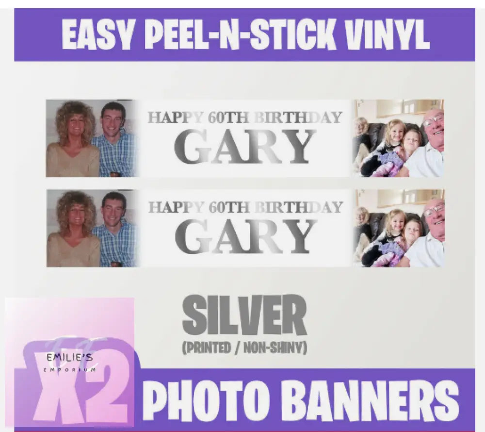 2X Personalised Photo Party Self Adhesive Banners Birthday Christening-Any Event Silver