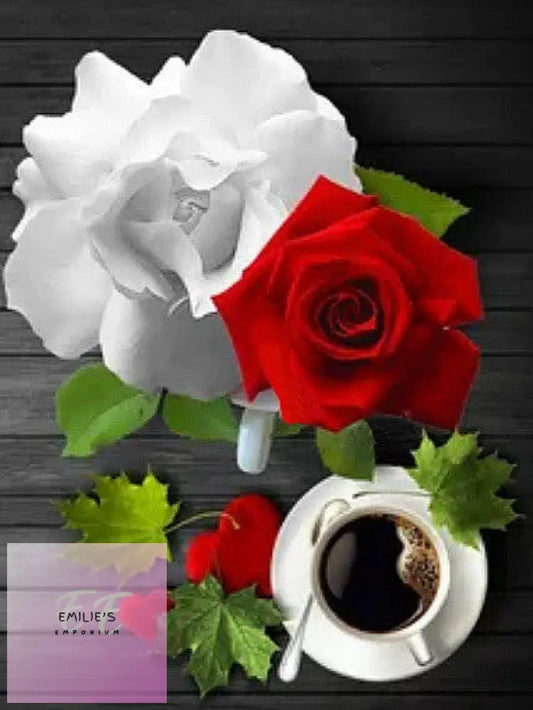 5D Diamond Art Red & White Roses With Coffee
