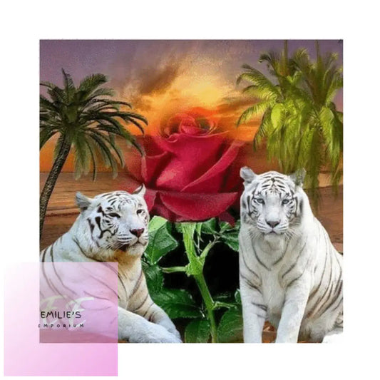 5D Diamond Art White Tigers With Rose