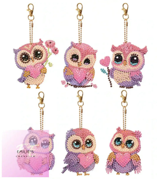 6Pc Pink Owls Diamond Art Keychain