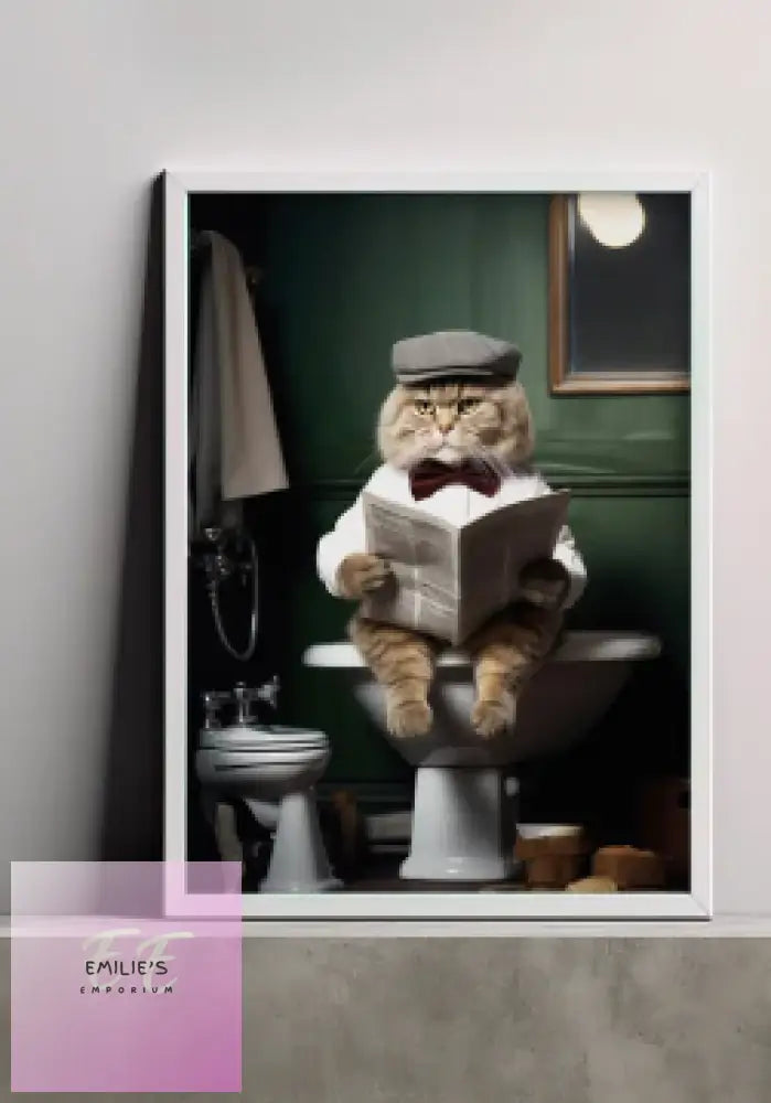 Cat Wearing Cap Reading Newspaper On Toilet Diamond Art