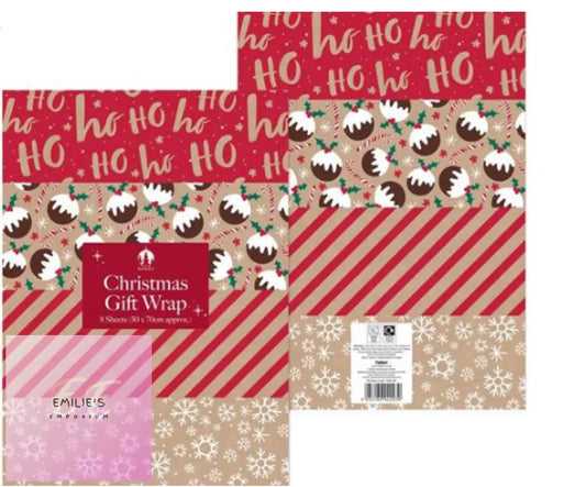 Festive Wonderland 8 Sheet Assorted Kraft Christmas Flat Wrap Gift