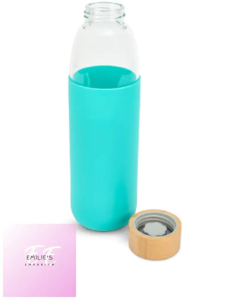 Glass Water Bottle With Bamboo Lid & Coloured Silicone Sleeve 540Ml Assorted Colours