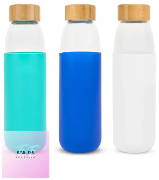 Glass Water Bottle With Bamboo Lid & Coloured Silicone Sleeve 540Ml Assorted Colours