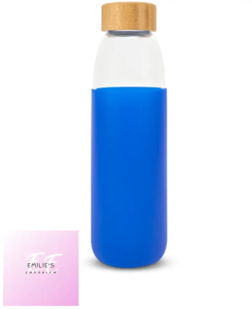 Glass Water Bottle With Bamboo Lid & Coloured Silicone Sleeve 540Ml Assorted Colours Blue