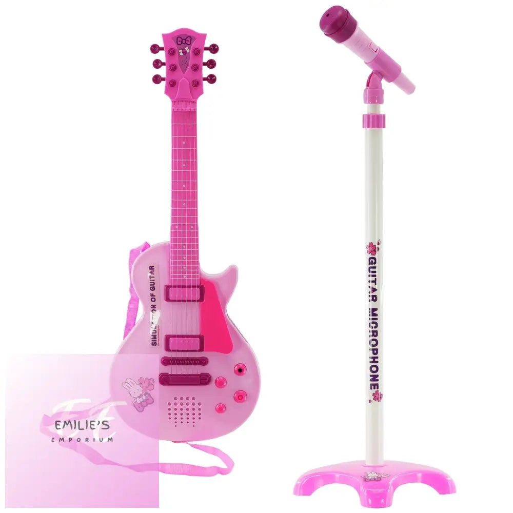 Kids 6 String Pink Electric Play Guitar & Microphone Set With Adjustable Stand