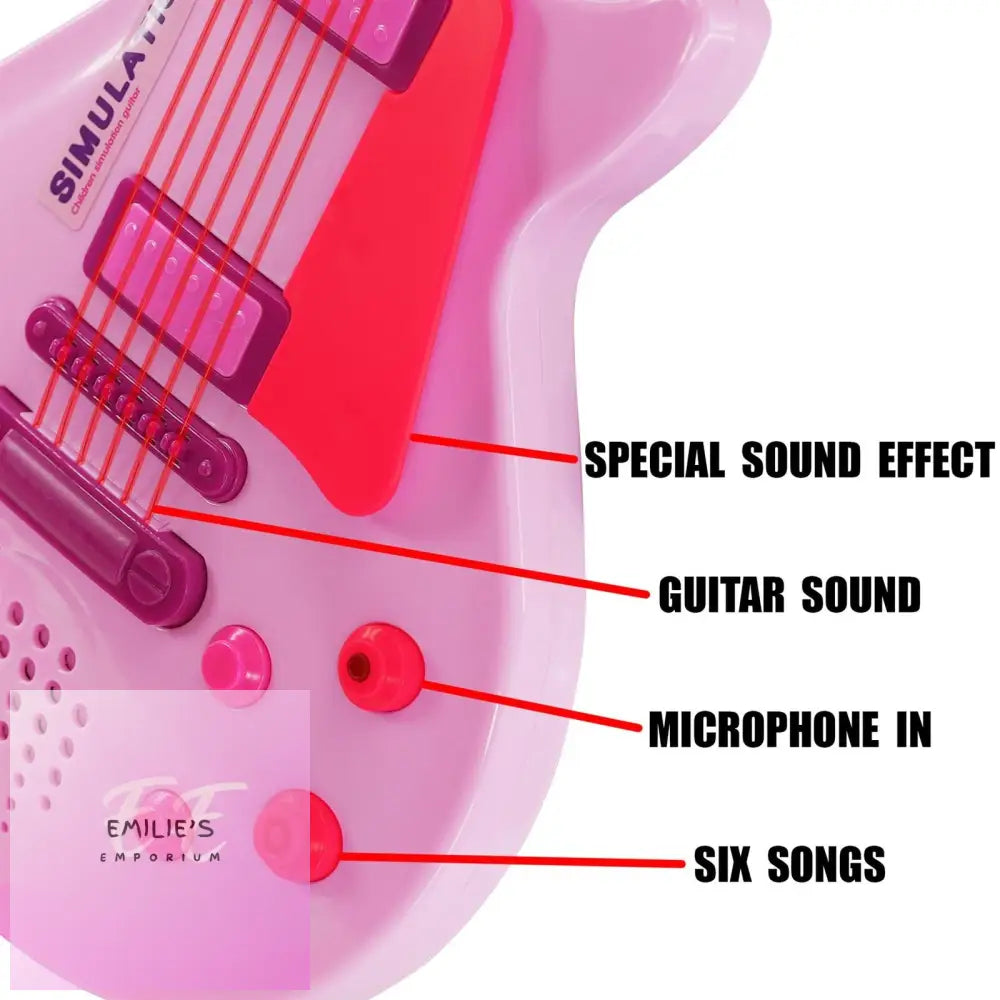 Kids 6 String Pink Electric Play Guitar & Microphone Set With Adjustable Stand