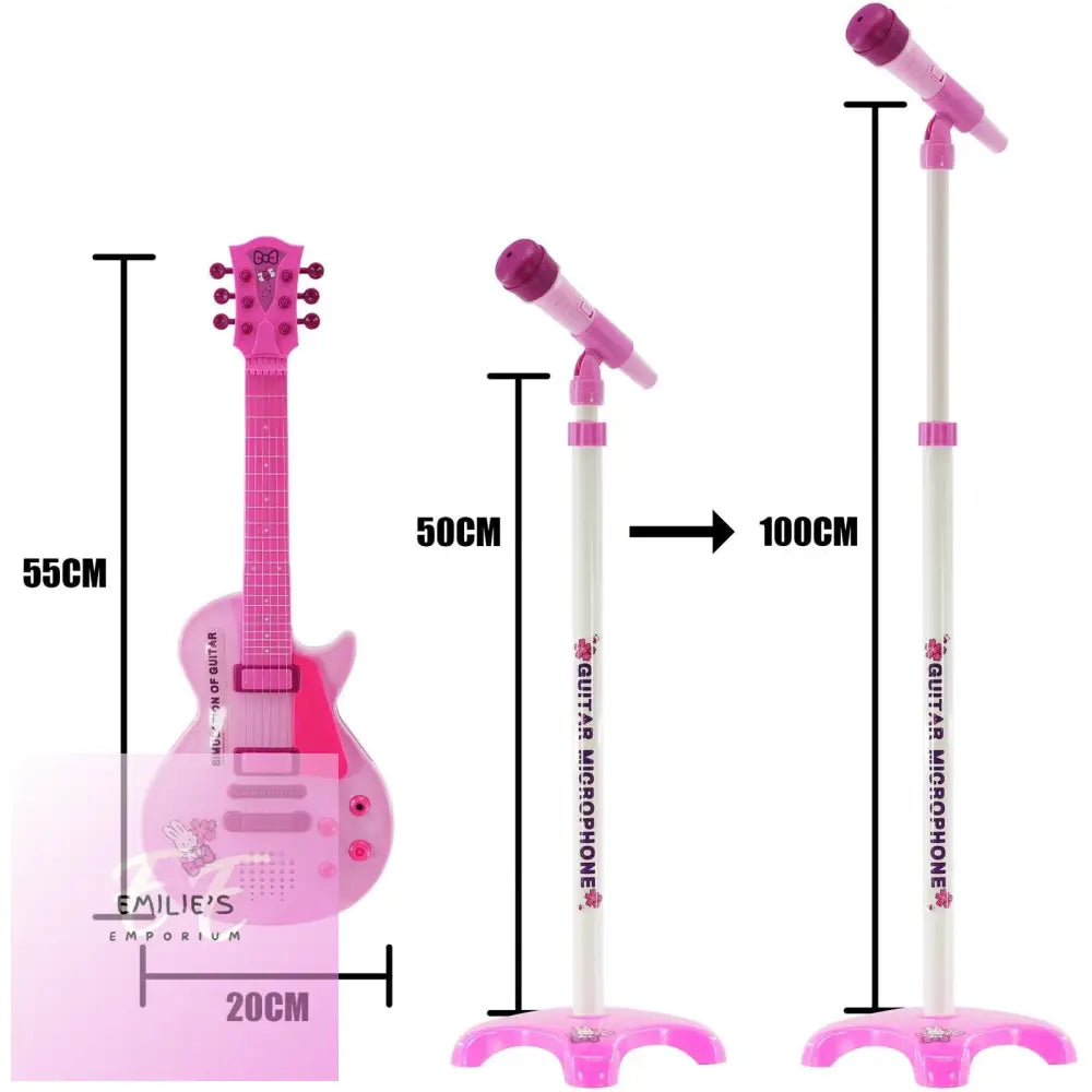 Kids 6 String Pink Electric Play Guitar & Microphone Set With Adjustable Stand