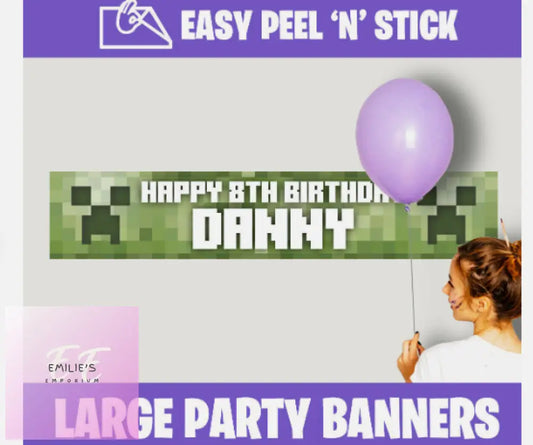 Minecraft Personalised Birthday Party Banners (110Cm X 21.5Cm) + Design Service