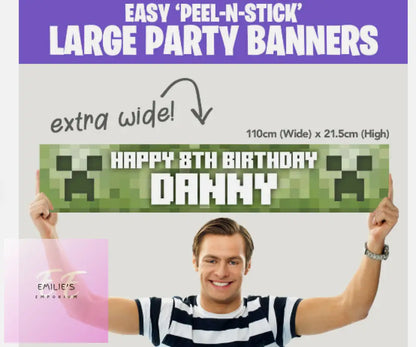 Minecraft Personalised Birthday Party Banners (110Cm X 21.5Cm) + Design Service