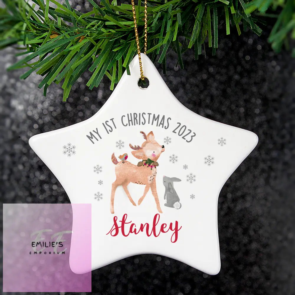 Personalised 1St Christmas Festive Fawn Ceramic Star Decoration