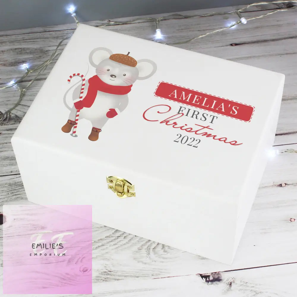 Personalised 1St Christmas Mouse White Wooden Keepsake Box