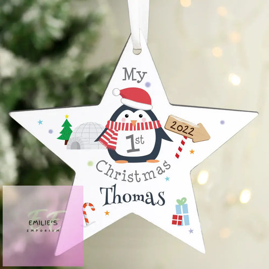 Personalised 1St Christmas Penguin Wooden Star Decoration