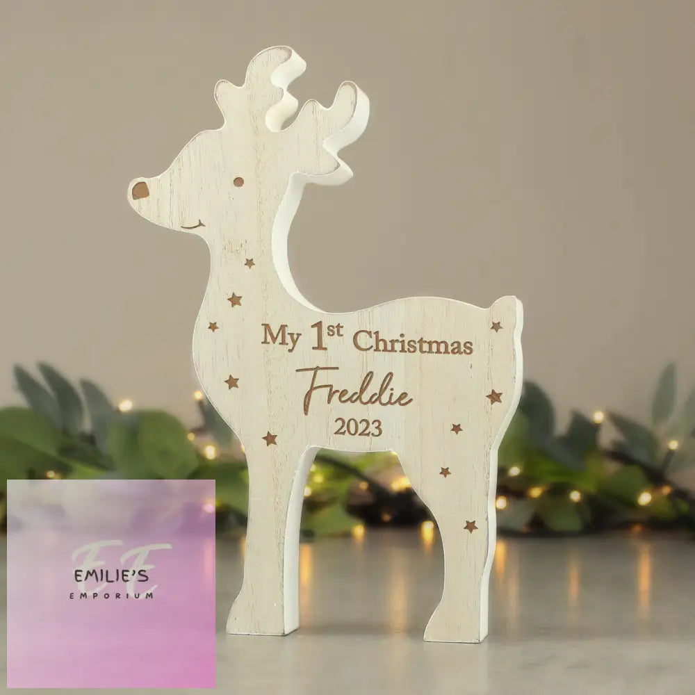 Personalised 1St Christmas Rustic Wooden Reindeer Decoration