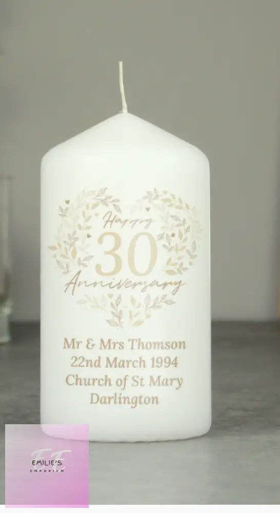 Personalised 30Th Pearl Wedding Anniversary Pillar Candle