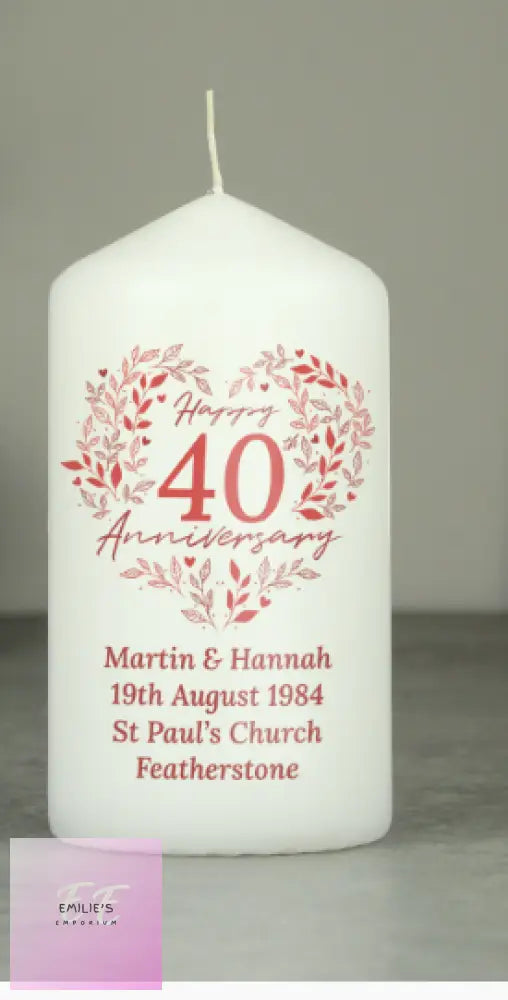 Personalised 40Th Ruby Wedding Anniversary Pillar Candle