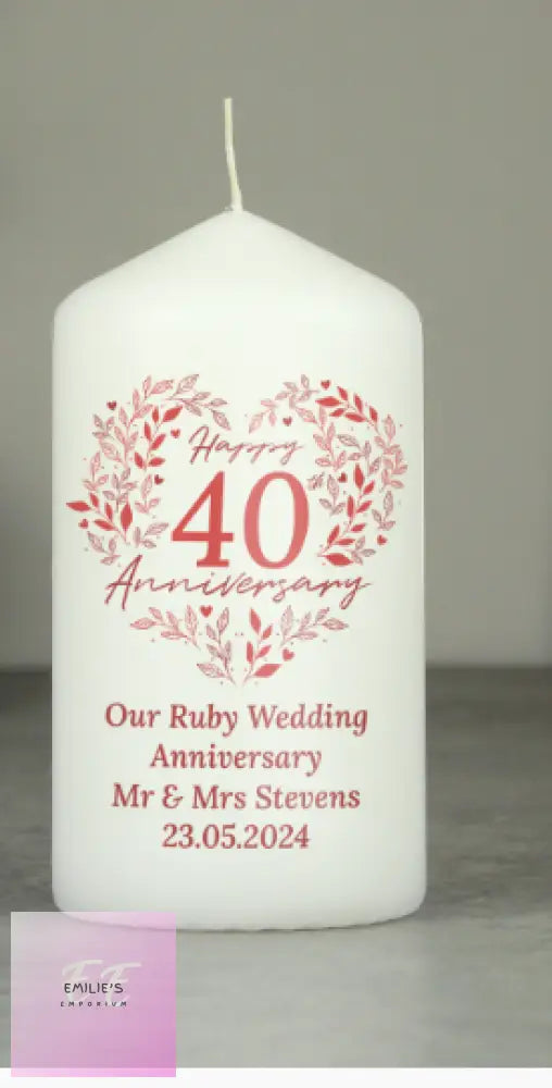 Personalised 40Th Ruby Wedding Anniversary Pillar Candle