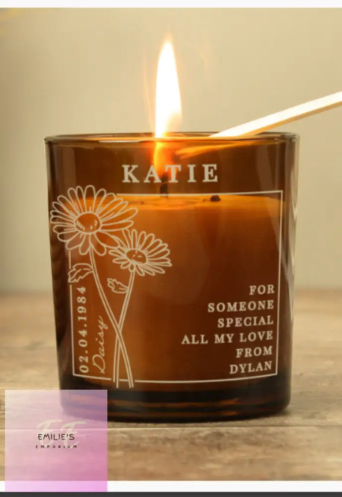 Personalised April Birth Flower Amber Glass Candle