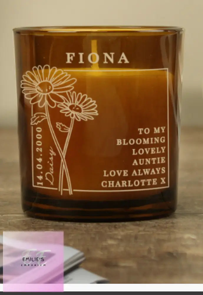 Personalised April Birth Flower Amber Glass Candle