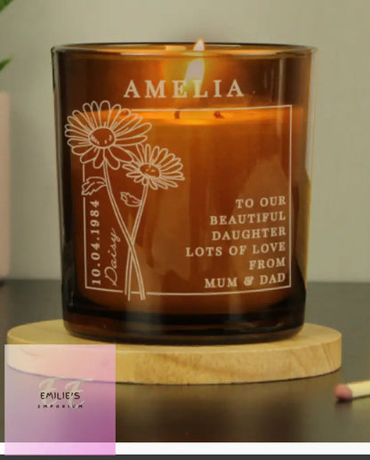 Personalised April Birth Flower Amber Glass Candle