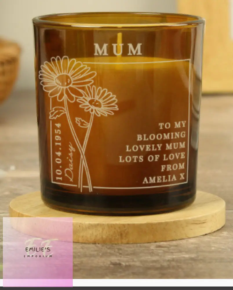 Personalised April Birth Flower Amber Glass Candle