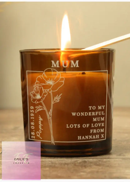 Personalised August Birth Flower Amber Glass Candle