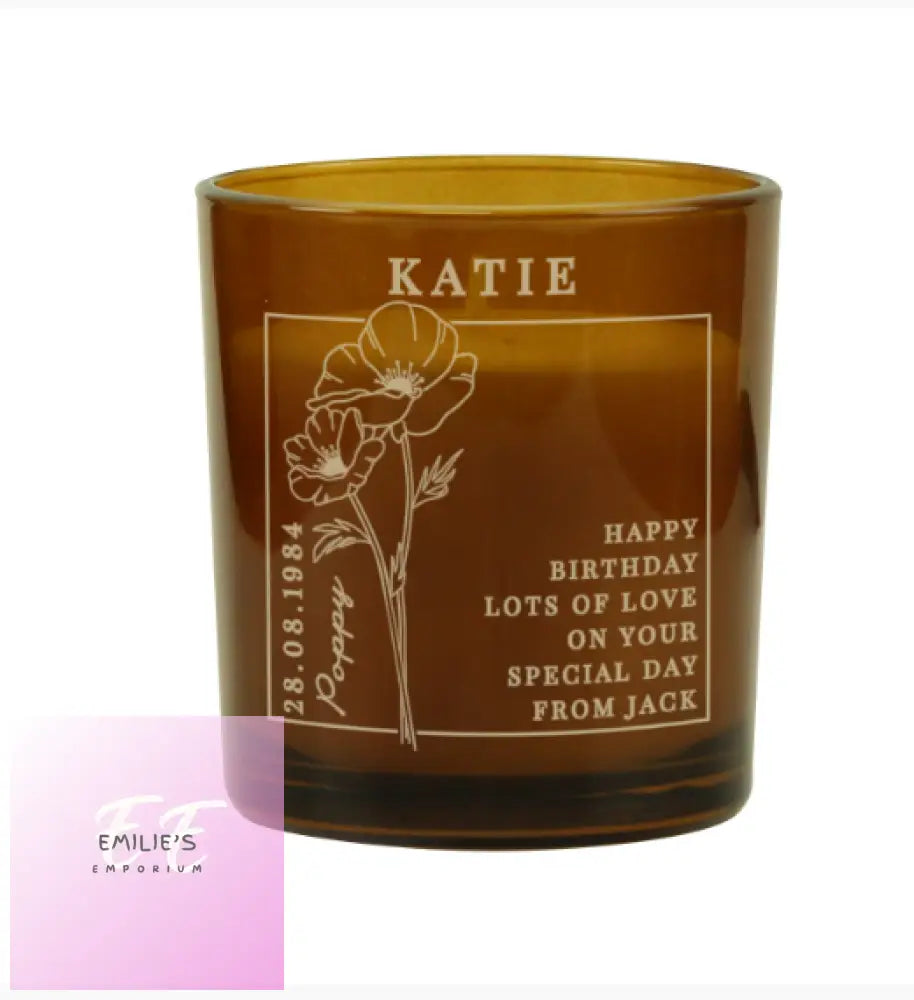 Personalised August Birth Flower Amber Glass Candle