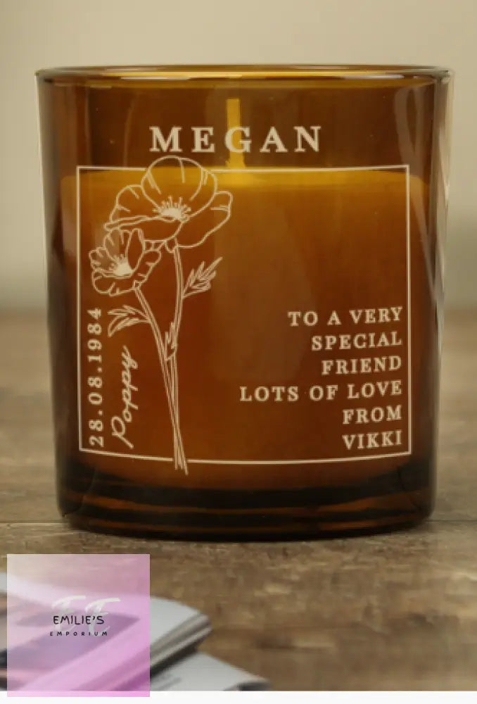 Personalised August Birth Flower Amber Glass Candle