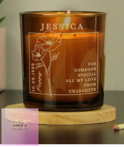Personalised August Birth Flower Amber Glass Candle