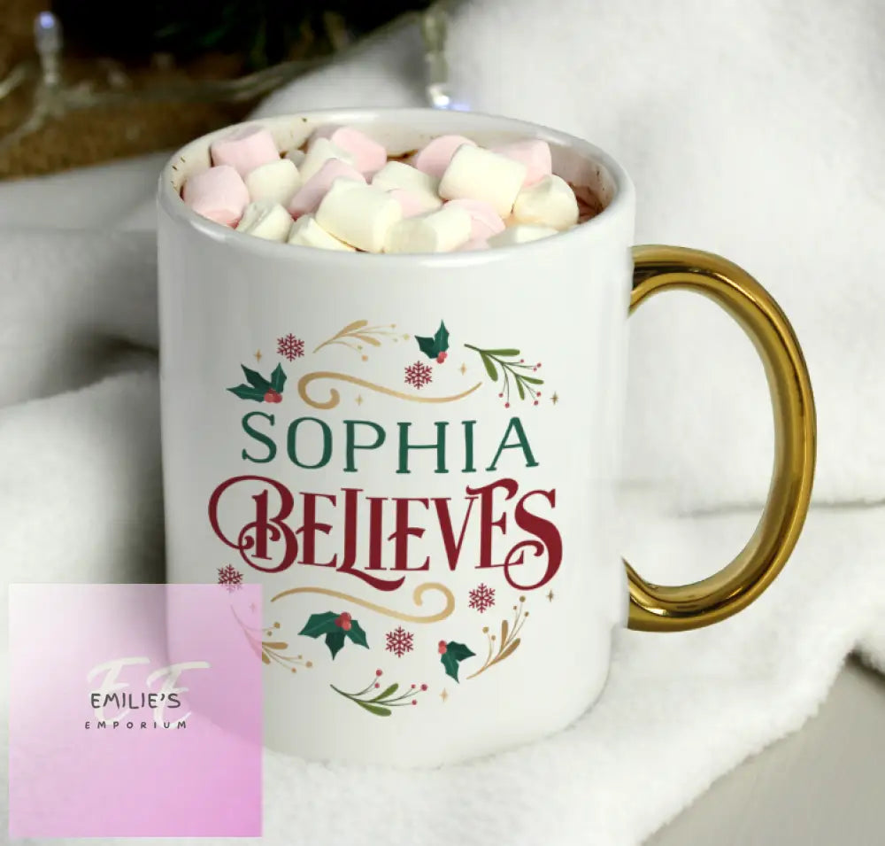 Personalised Believes In Christmas Gold Handled Mug